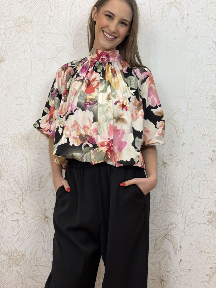 Blouse plis ballon imprimé fleurs Fleurs rose