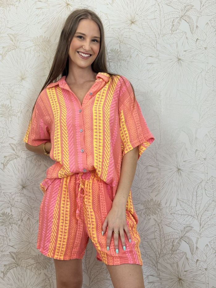 Chemise manches courtes gaze coton fantaisie Corail